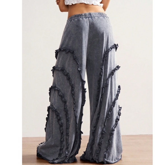 Mineral Wash Stretchy Waist Frill Detail Wide leg Pants - Picture 5 of 5